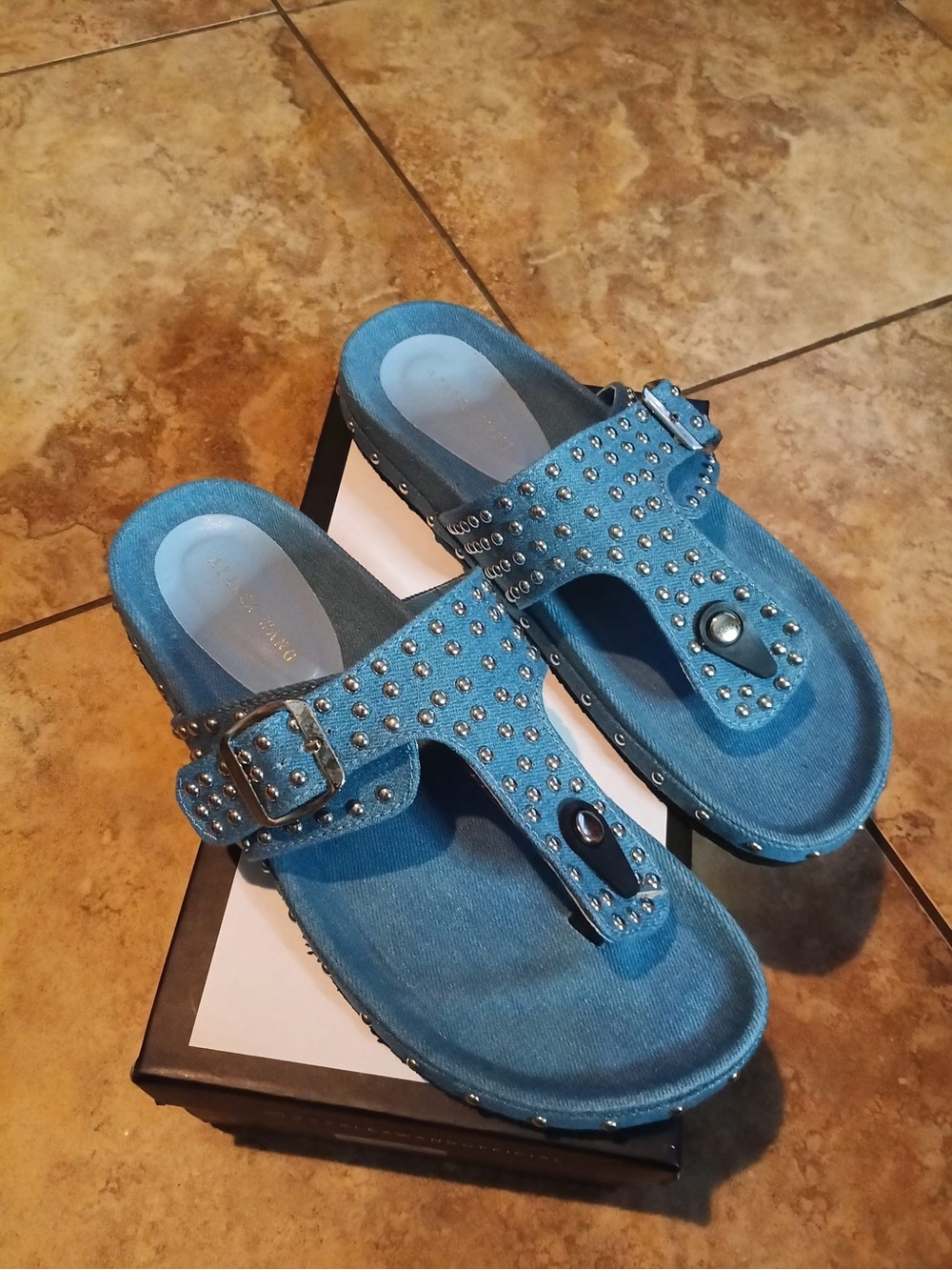 AKIRA Blue Denim Studded Slide Mules